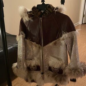 Kids shearing Leather Coat with Hood. Winter Fur Jacket